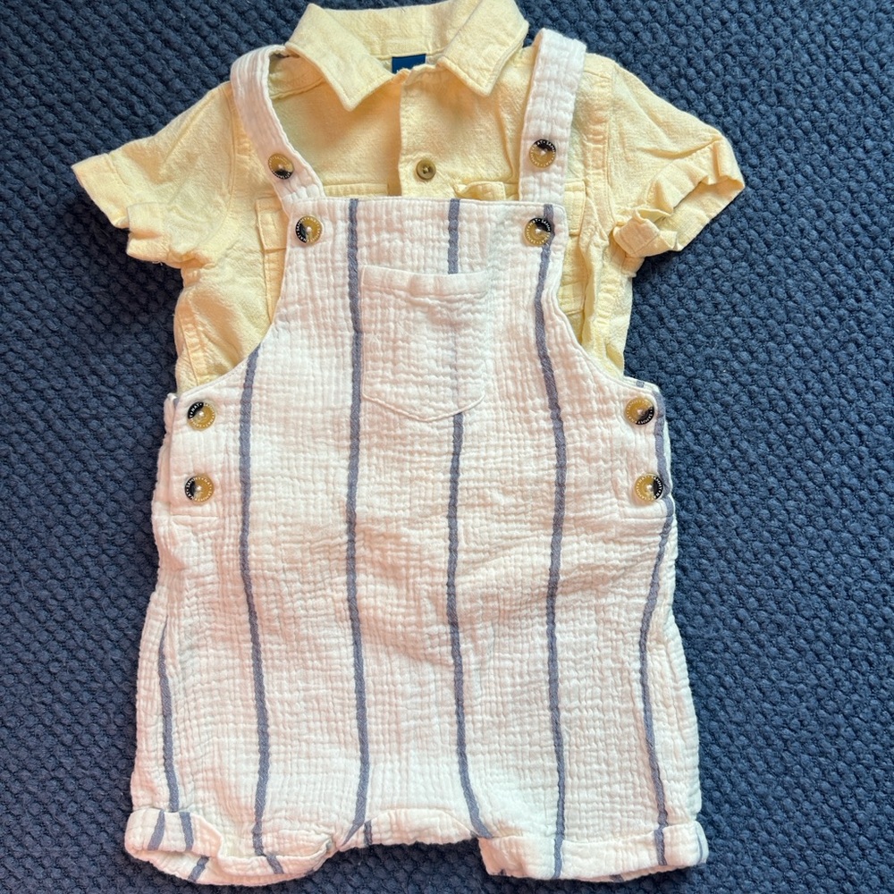 Sammy + Nat Cream and Blue Striped Overalls with Yellow Shirt